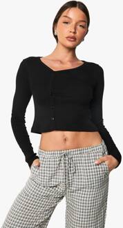 Top Met Geribde Asymmetrische Halslijn En Lange Mouwen, Black - 36