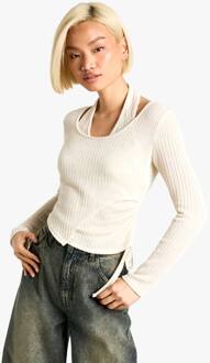 Top Met Getextureerde Ribben, Halterneck En Geplooide Details, Cream - 42