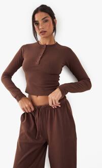 Top Met Knoopdetail En Geborduurde Lange Mouwen, Chocolate - XXL