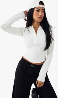 Top Met Knoopdetail En Geborduurde Lange Mouwen, White - XXL