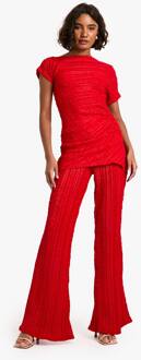 Top Met Lange Gekreukelde Textuur, Draperende Top En Wijd Uitlopende Broek Co-Ord, Red - 34