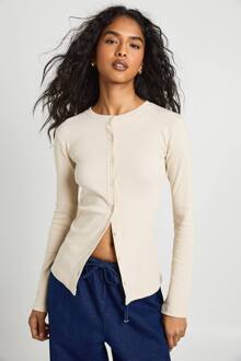 Top Met Ribstof En Doorlopende Knoopdetails, Lange Mouwen, Stone - 34