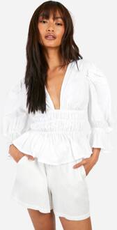Top Met Volume Mouwen En Een Bandknoop In Katoenen Poplin, White - 38