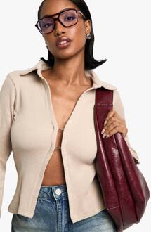 Top Met Zware Rib En Kraag, Lange Mouwen, Stone - 40