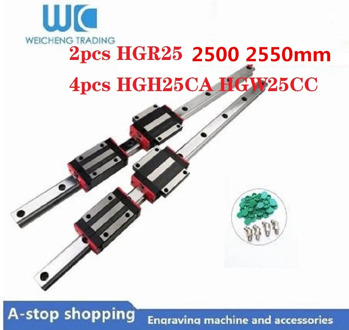 Top Quality 2pc HGR25 Square Linear Guide Rail 2500 2550mm+4pc HGH25CA/flang HGW25CC Slide Block Carriages CNC Router Engraving