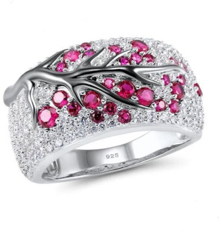 Top Quality cute Wedding 925 Sterling silver Ring Women rose red CZ Leaf Tree Trendy Party Finger Ring 925 stamp Wedding Jewelry
