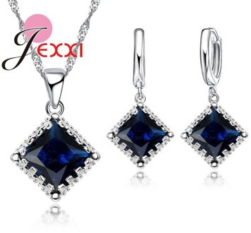 Top Sparkly Vierkante Zirconia Sieraden Set 925 Sterling Zilveren Ketting & Earring Sets Voor Vrouwen Huwelijkscadeau blauw