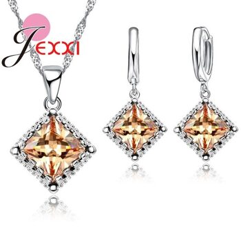 Top Sparkly Vierkante Zirconia Sieraden Set 925 Sterling Zilveren Ketting & Earring Sets Voor Vrouwen Huwelijkscadeau champagne
