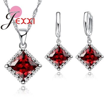Top Sparkly Vierkante Zirconia Sieraden Set 925 Sterling Zilveren Ketting & Earring Sets Voor Vrouwen Huwelijkscadeau rood