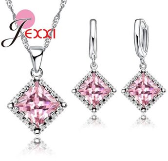 Top Sparkly Vierkante Zirconia Sieraden Set 925 Sterling Zilveren Ketting & Earring Sets Voor Vrouwen Huwelijkscadeau roze