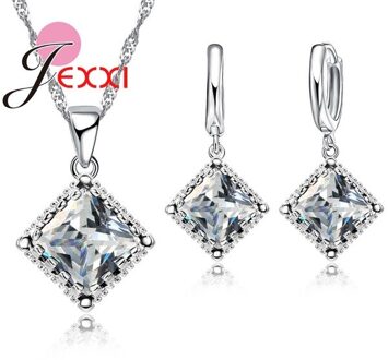 Top Sparkly Vierkante Zirconia Sieraden Set 925 Sterling Zilveren Ketting & Earring Sets Voor Vrouwen Huwelijkscadeau wit