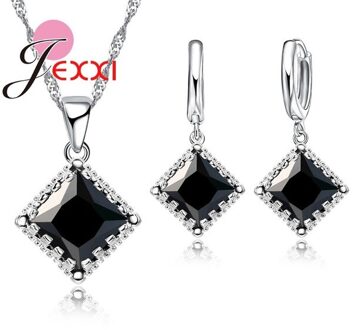 Top Sparkly Vierkante Zirconia Sieraden Set 925 Sterling Zilveren Ketting & Earring Sets Voor Vrouwen Huwelijkscadeau zwart