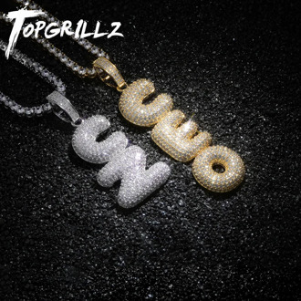 TOPGRILLZ A-Z Custom Name Bubble Letters Pendant & Necklace Charm Men's Iced Out CZ Hip Hop Jewelry With 18mm Cuban Chain