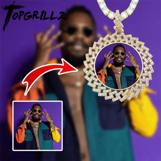 TOPGRILLZ Custom Made Photo Round Medallions Necklace & Pendant with 4mm Tennis Chain Gold Silver Cubic Zircon Hip hop Jewelry
