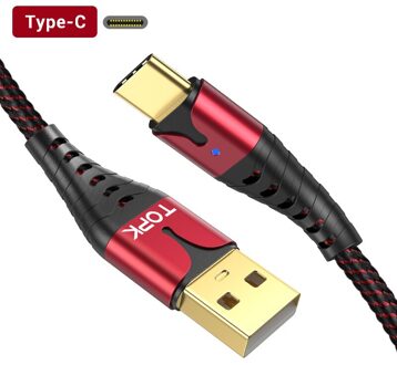 Topk Led 3A Usb Type C Snel Opladen Kabel Voor Samsung S10 Mobiele Telefoon Type-C Lader Kabel Rood
