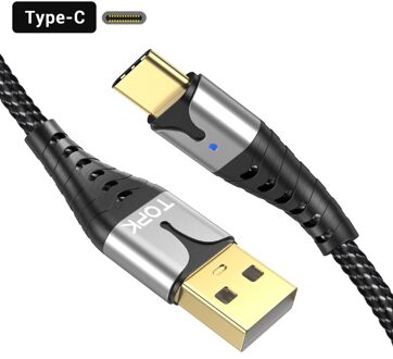 Topk Led 3A Usb Type C Snel Opladen Kabel Voor Samsung S10 Mobiele Telefoon Type-C Lader Kabel zilver
