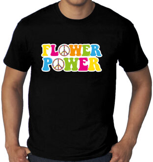 Toppers Grote Maten jaren 60 Flower Power verkleed shirt zwart met gekleurde peace tekens heren 4XL - Feestshirts