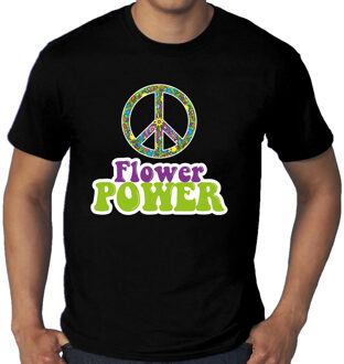 Toppers Grote Maten Jaren 60 Flower Power verkleed shirt zwart met groen en paars heren 4XL - Feestshirts