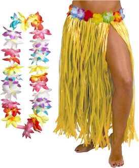 Toppers - Hawaii verkleed hoela rokje en bloemenkrans met led - volwassenen - geel - tropisch themafeest - One size