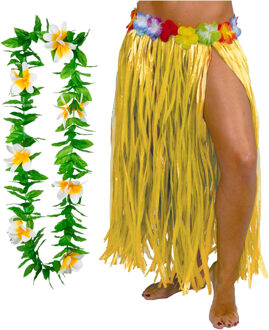 Toppers in concert - Hawaii verkleed hoela rokje en bloemenkrans - volwassenen - geel - tropisch themafeest - hoela - One size