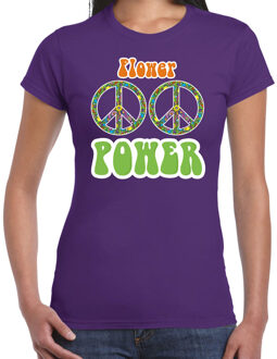 Toppers Jaren 60 Flower Power verkleed shirt paars met peace tekens dames S - Feestshirts