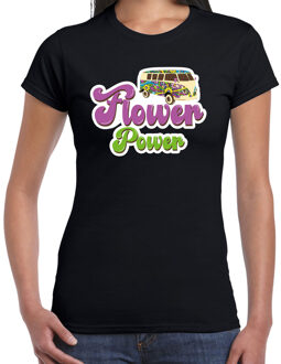 Toppers Jaren 60 Flower Power verkleed shirt zwart met hippie busje dames XS - Feestshirts