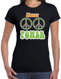 Toppers Jaren 60 Flower Power verkleed shirt zwart met peace tekens dames S - Feestshirts