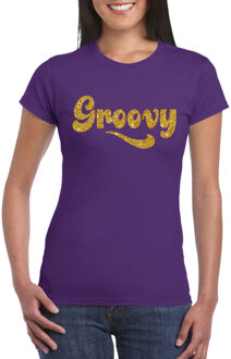 Toppers Paars Flower Power t-shirt Groovy met gouden letters dames S - Feestshirts