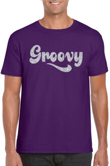 Toppers Paars Flower Power t-shirt Groovy met zilveren letters heren L - Feestshirts