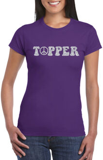 Toppers Paars Flower Power t-shirt Topper met zilveren letters dames L - Feestshirts
