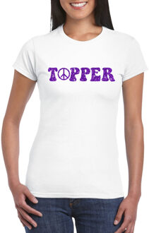 Toppers Wit Flower Power t-shirt Topper met paarse letters dames M - Feestshirts