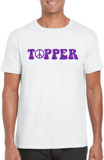 Toppers Wit Flower Power t-shirt Topper met paarse letters heren XL - Feestshirts