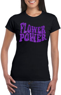 Toppers Zwart Flower Power t-shirt met paarse letters dames S - Feestshirts