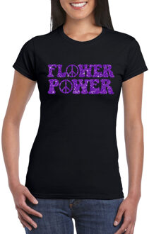 Toppers Zwart Flower Power t-shirt peace tekens met paarse letters dames L - Feestshirts