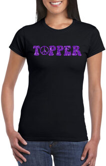 Toppers Zwart Flower Power t-shirt Topper met paarse letters dames XL - Feestshirts