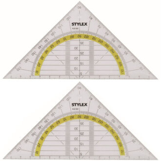 Toppoint 2x Geodriehoeken met liniaal en gradenboog 14 cm - Hobby/schoolbenodigdheden geodriehoeken/linialen van plastic