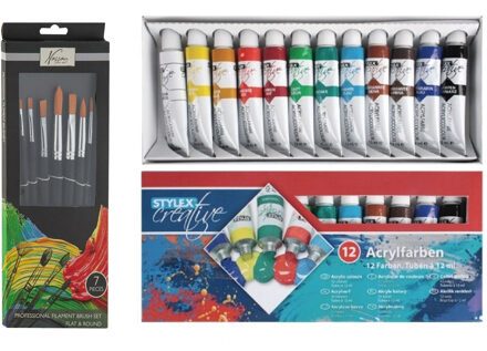 Toppoint Acrylverf schilderset - 12x gekleurde tubes van 12 ml - met 7x schilderpenselen - kids/adults