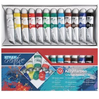 Toppoint acrylverf voor kinderen - 12x kleuren - 12 ml tubes - schilderen - Hobbyverf Multikleur