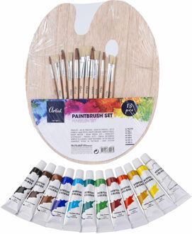 Toppoint Hobby/knutsel schilderen set - met 12 kleuren acryl verf - en houten palet - 12 verfkwasten