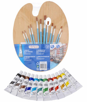 Toppoint Hobby verfset voor kinderen met acrylverf schilderspalet en 12 kwasten - schildersets Multikleur