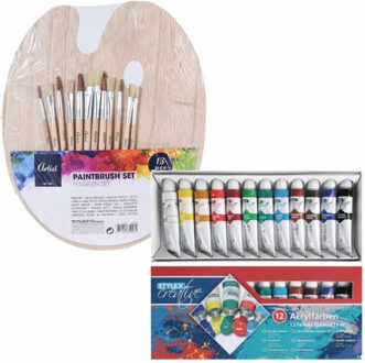Toppoint Hobby verfset voor kinderen met acrylverf schilderspalet en 12 kwasten