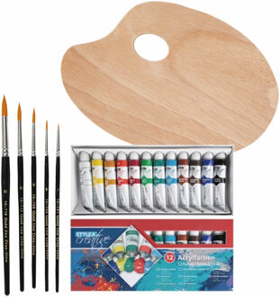 Toppoint Hobby verfset voor kinderen met acrylverf schilderspalet en 5 kwasten - Hobbyverf Multikleur