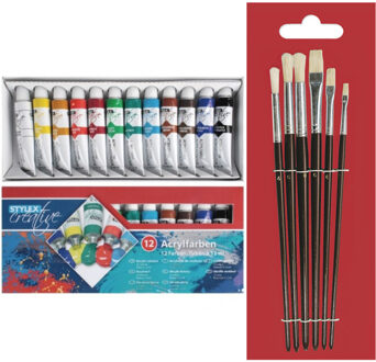 Toppoint set van 12 tubes acrylverf - voor kinderen - met 6 schilder penselen - Schilderen set compl