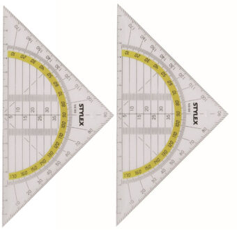 Toppoint Stylex Geodriehoek - 2x - met liniaal en gradenboog - kunststof - 14 x 9 cm - wiskunde/school