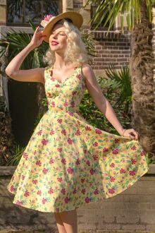 TopVintage exclusive ~ Eliane Floral swing jurk in lichtgeel Geel/Multicolour