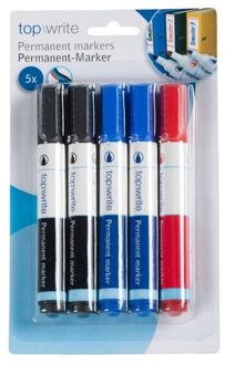TOPWRITE Permanente markers - 5x stuks - zwart - blauw - rood - dikke stiften - voor papier