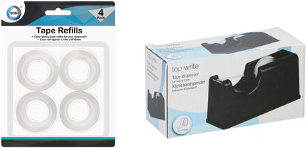 TOPWRITE Plakband dispenser/rolhouder - zwart - verzwaard - 15 x 6 x 7 cm - met 4x rolletjes plakband