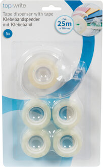 TOPWRITE Plakbandhouder - mini - met 5x rolletjes plakband - transparant - kunststof