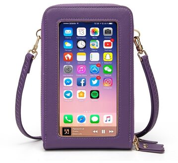 Touch Screen Mobiele Telefoon Tas Schoudertassen Vrouwelijke Messenger Bag Card Wallet Transparante Crossbody Tas Mobiel Beurs paars