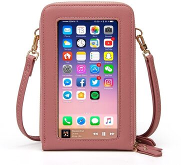 Touch Screen Mobiele Telefoon Tas Schoudertassen Vrouwelijke Messenger Bag Card Wallet Transparante Crossbody Tas Mobiel Beurs roze